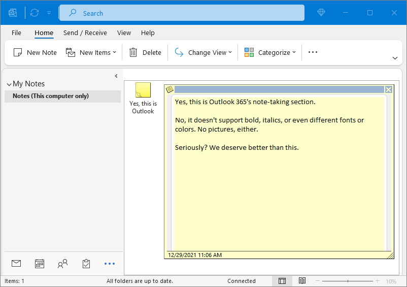 A screenshot of the notes section of Outlook 365. Mensago will do better.