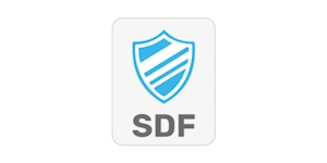 A blue and white shield with the letters SDF
