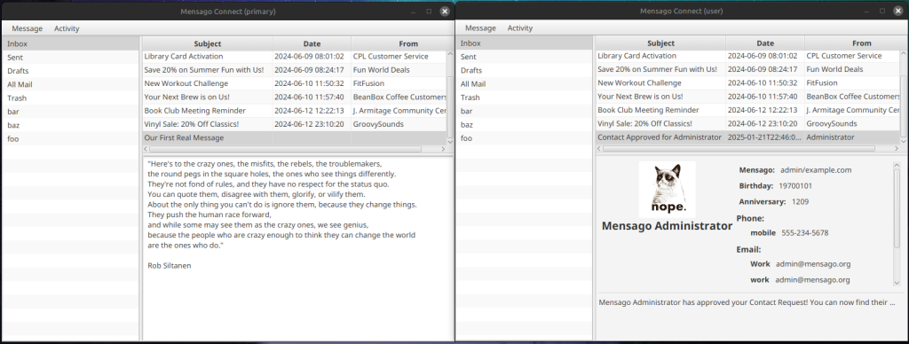 A screenshot of two Mensago windows, side by side. The left one shows an administrator's inbox with the message selected. The right window shows the test user's inbox with the message "Contact Approved for Administrator" selected.